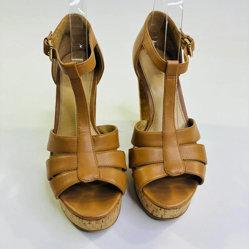 Michael Kors Camal Catalina Leather T-Strap Cork Platform Block Heel Sandals 7M - Picture 2 of 8